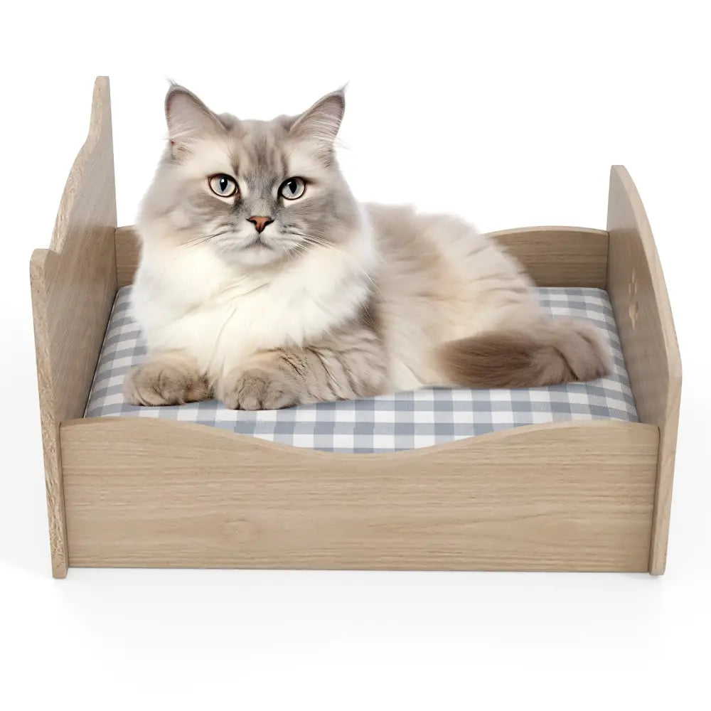 Elevated Pet Bed Frame with Rails and Cute Headboards-Walnut - Walnut - Cat Houses