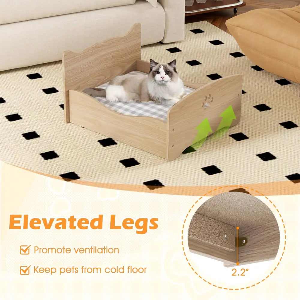 Elevated Pet Bed Frame with Rails and Cute Headboards-Walnut - Walnut - Cat Houses