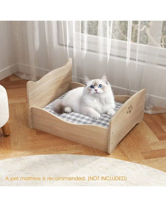 Elevated Pet Bed Frame with Rails and Cute Headboards-Walnut - Walnut - Cat Houses