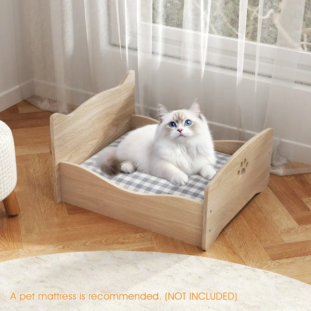 Elevated Pet Bed Frame with Rails and Cute Headboards-Walnut - Walnut - Cat Houses