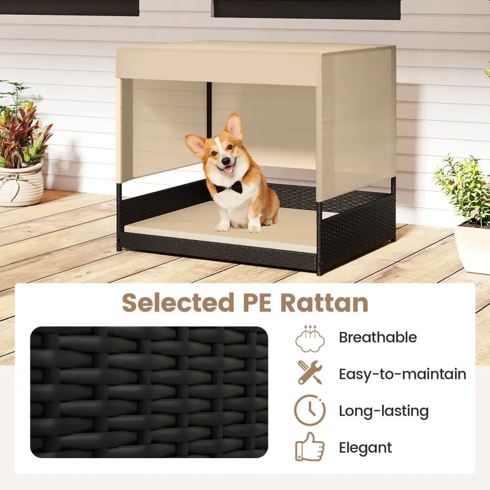 Elevated Wicker Dog House for Small to Medium Breeds-Black - Black - Dog Supplies