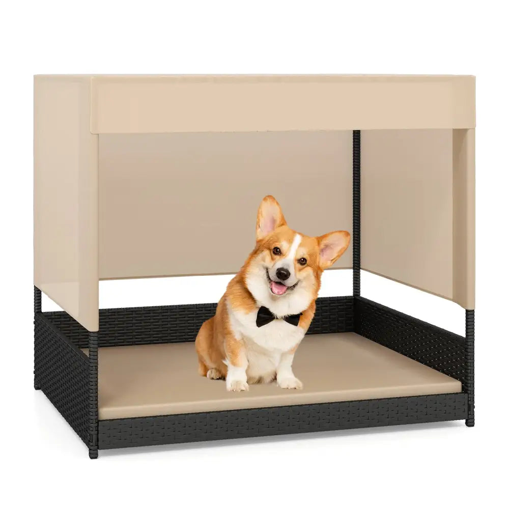 Elevated Wicker Dog House for Small to Medium Breeds-Black - Black - Dog Supplies