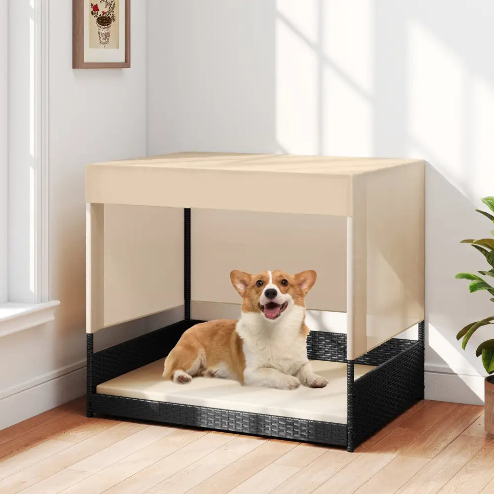 Elevated Wicker Dog House for Small to Medium Breeds-Black - Black - Dog Supplies