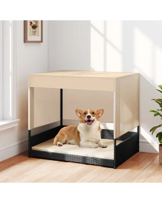 Elevated Wicker Dog House for Small to Medium Breeds-Black - Black - Dog Supplies