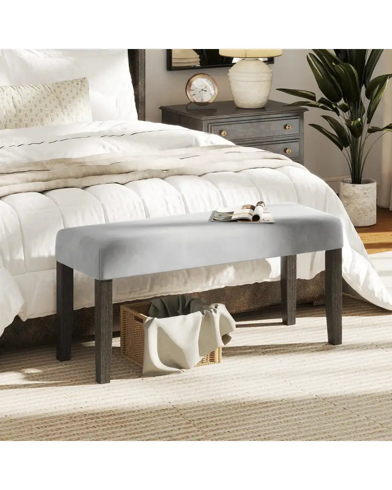 End of Bed Bench with Padded Seat and Solid Wood Legs-Gray - Gray - Shoe Racks & Storage Benches