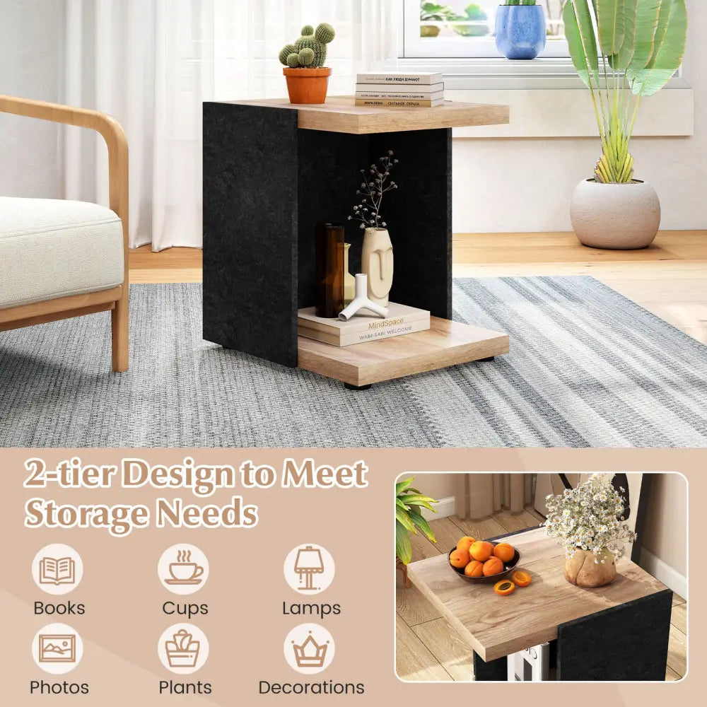 End Table 2-Tier Sofa Side Table with Open Storage Shelf-Oak - Oak - End & Side Tables