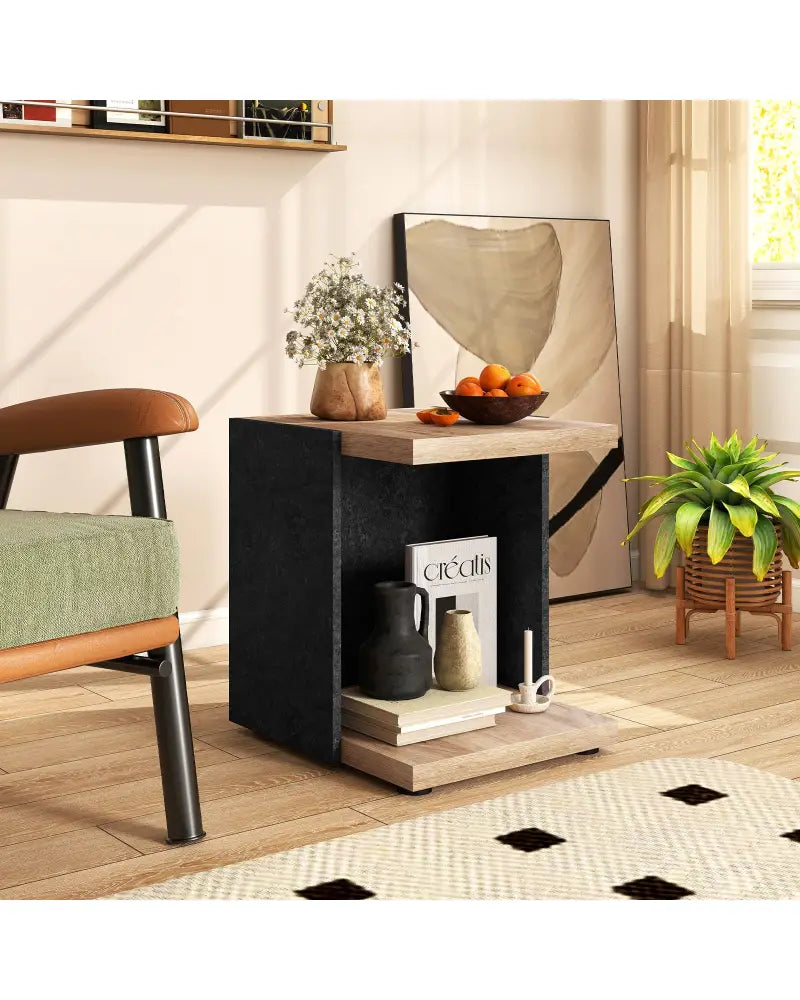 End Table 2-Tier Sofa Side Table with Open Storage Shelf-Oak - Oak - End & Side Tables