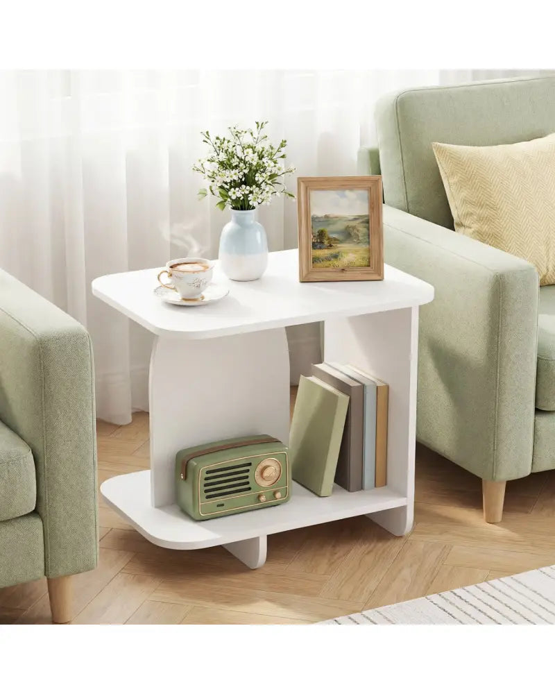 End Table 2-Tier Sofa Side Table with Storage Shelf for Small Space-White - White - End & Side Tables