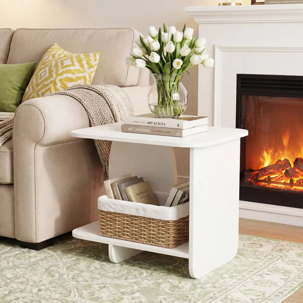End Table 2-Tier Sofa Side Table with Storage Shelf for Small Space-White - White - End & Side Tables