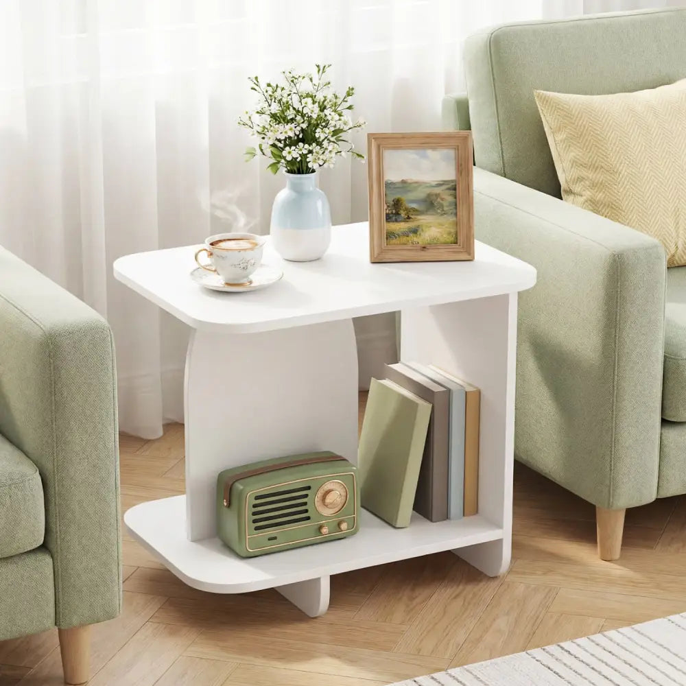 End Table 2-Tier Sofa Side Table with Storage Shelf for Small Space-White - White - End & Side Tables