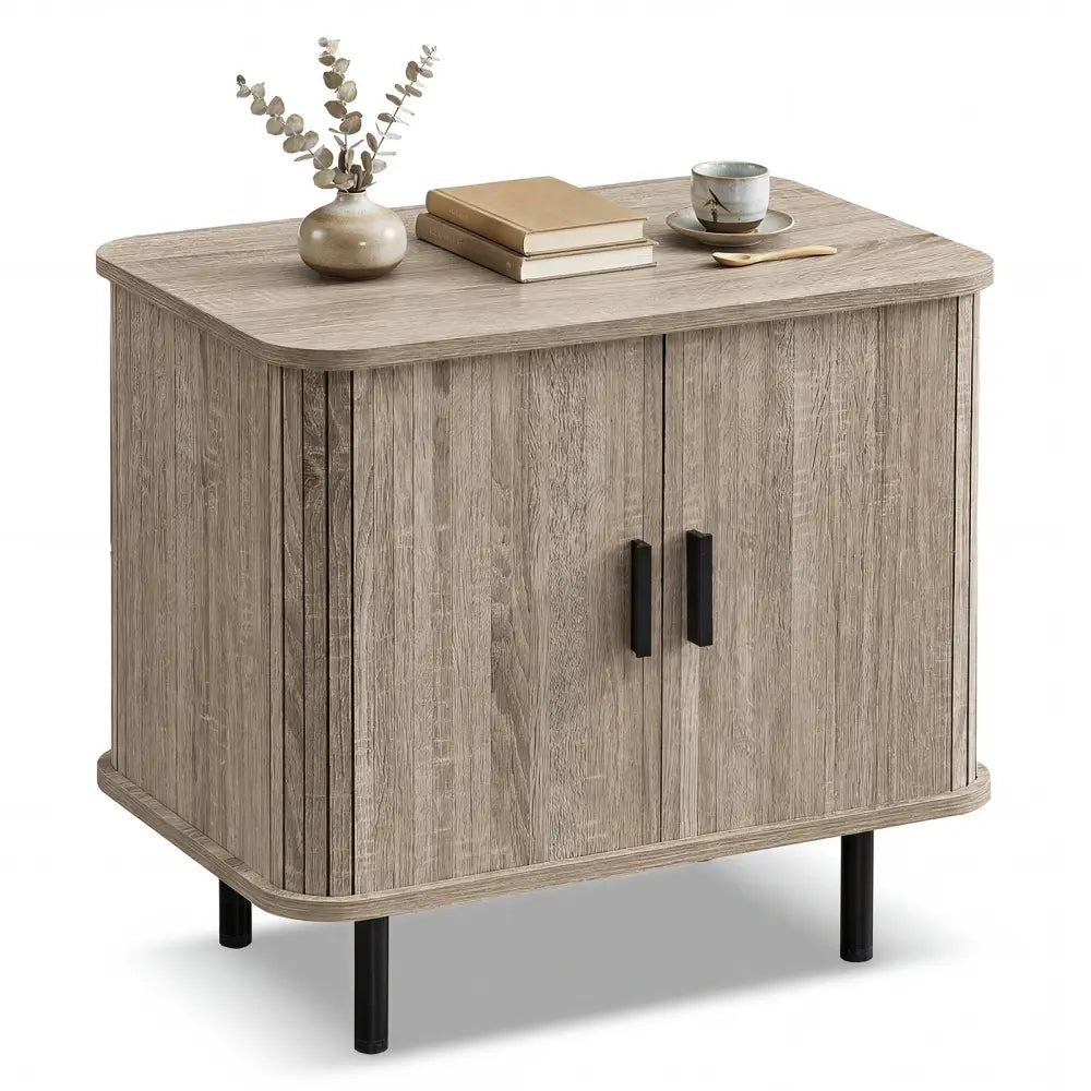 End Table Modern Mid Century Nightstand with Sliding Tambour Doors and Storage Shelf-Natural - Natural - Nightstands