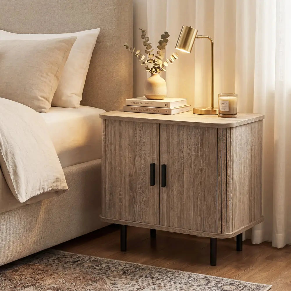 End Table Modern Mid Century Nightstand with Sliding Tambour Doors and Storage Shelf-Natural - Natural - Nightstands