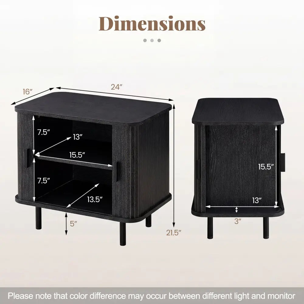 End Table Modern Mid Century Nightstand with Sliding Tambour Doors and Storage Shelf-Black - Black - Nightstands