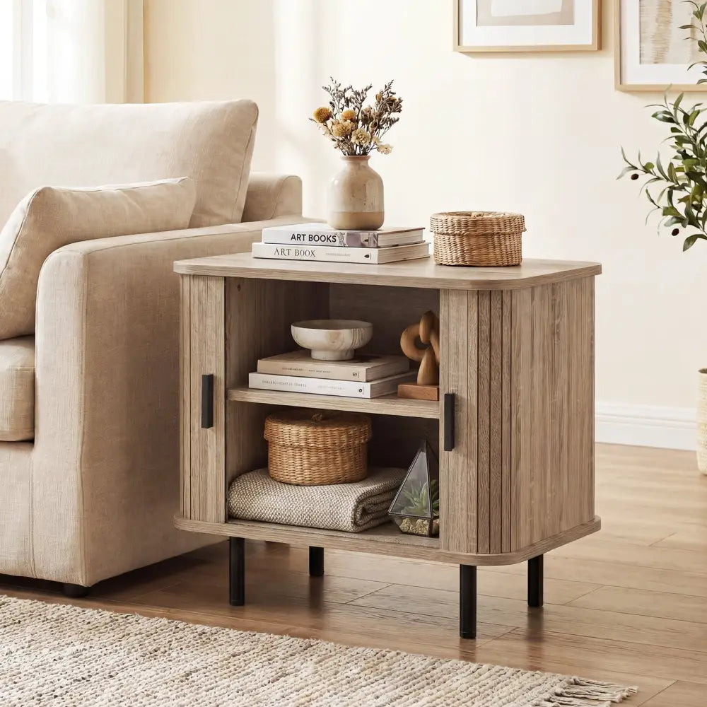 End Table Modern Mid Century Nightstand with Sliding Tambour Doors and Storage Shelf-Natural - Natural - Nightstands