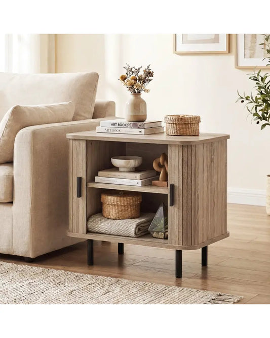 End Table Modern Mid Century Nightstand with Sliding Tambour Doors and Storage Shelf-Natural - Natural - Nightstands