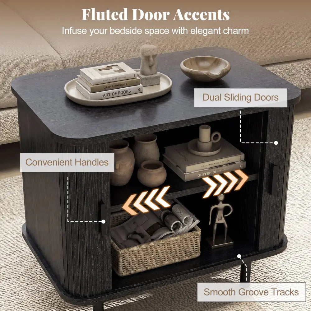 End Table Modern Mid Century Nightstand with Sliding Tambour Doors and Storage Shelf-Black - Black - Nightstands