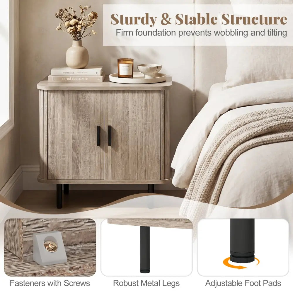 End Table Modern Mid Century Nightstand with Sliding Tambour Doors and Storage Shelf-Natural - Natural - Nightstands