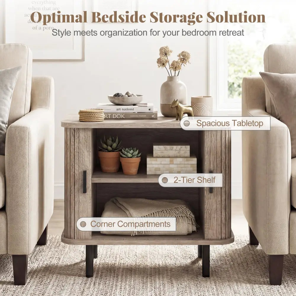 End Table Modern Mid Century Nightstand with Sliding Tambour Doors and Storage Shelf-Natural - Natural - Nightstands