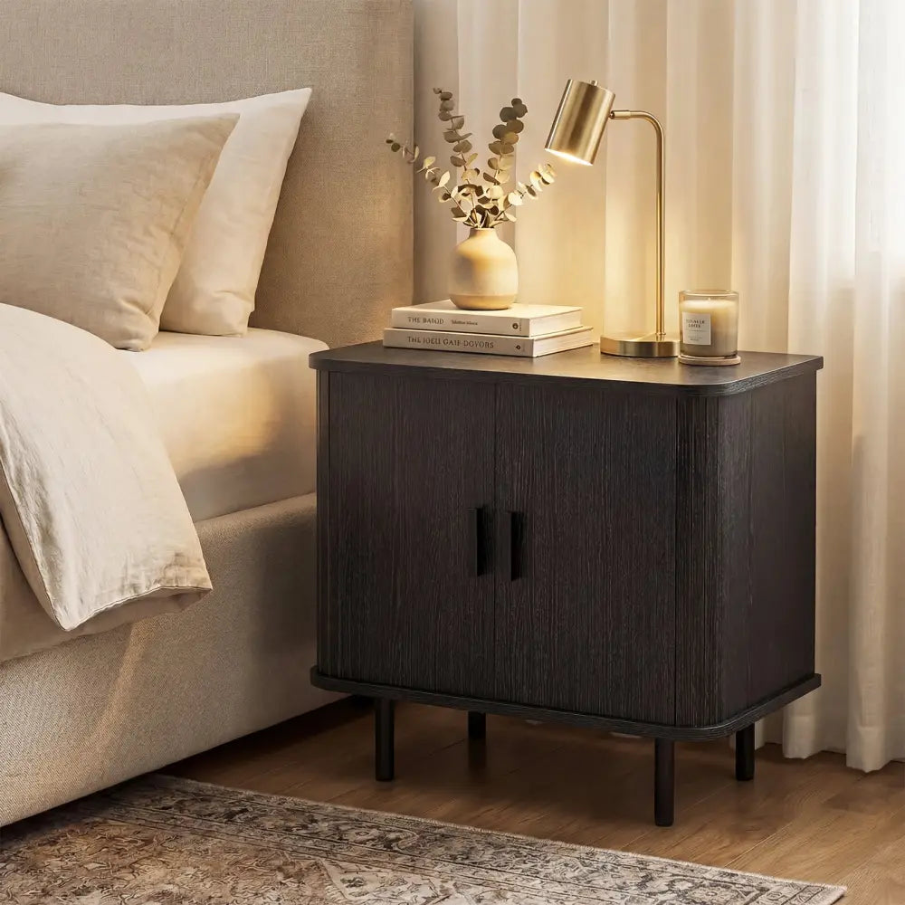 End Table Modern Mid Century Nightstand with Sliding Tambour Doors and Storage Shelf-Black - Black - Nightstands