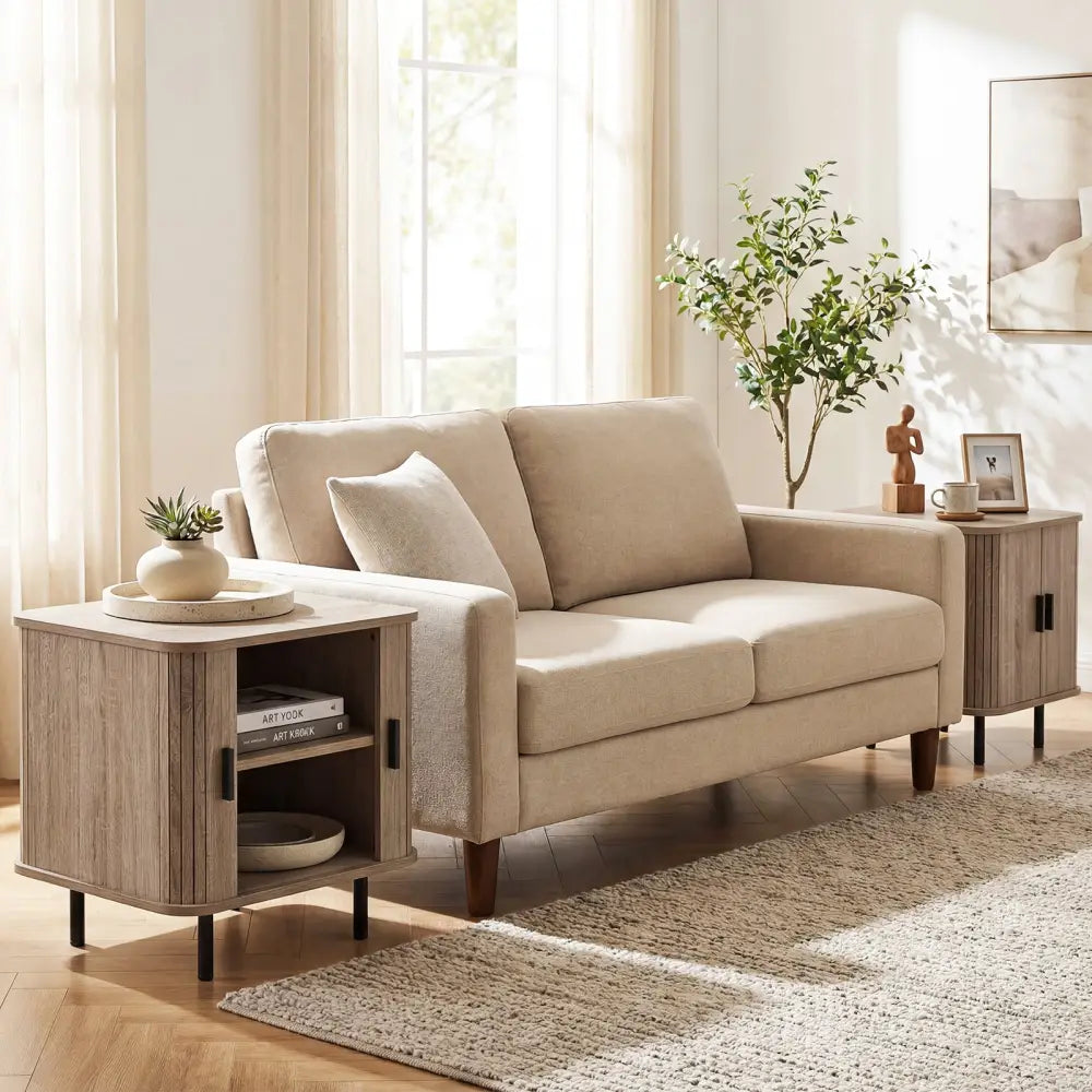 End Table Modern Mid Century Nightstand with Sliding Tambour Doors and Storage Shelf-Natural - Natural - Nightstands
