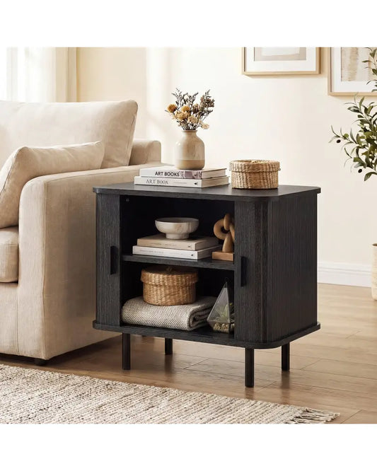 End Table Modern Mid Century Nightstand with Sliding Tambour Doors and Storage Shelf-Black - Black - Nightstands