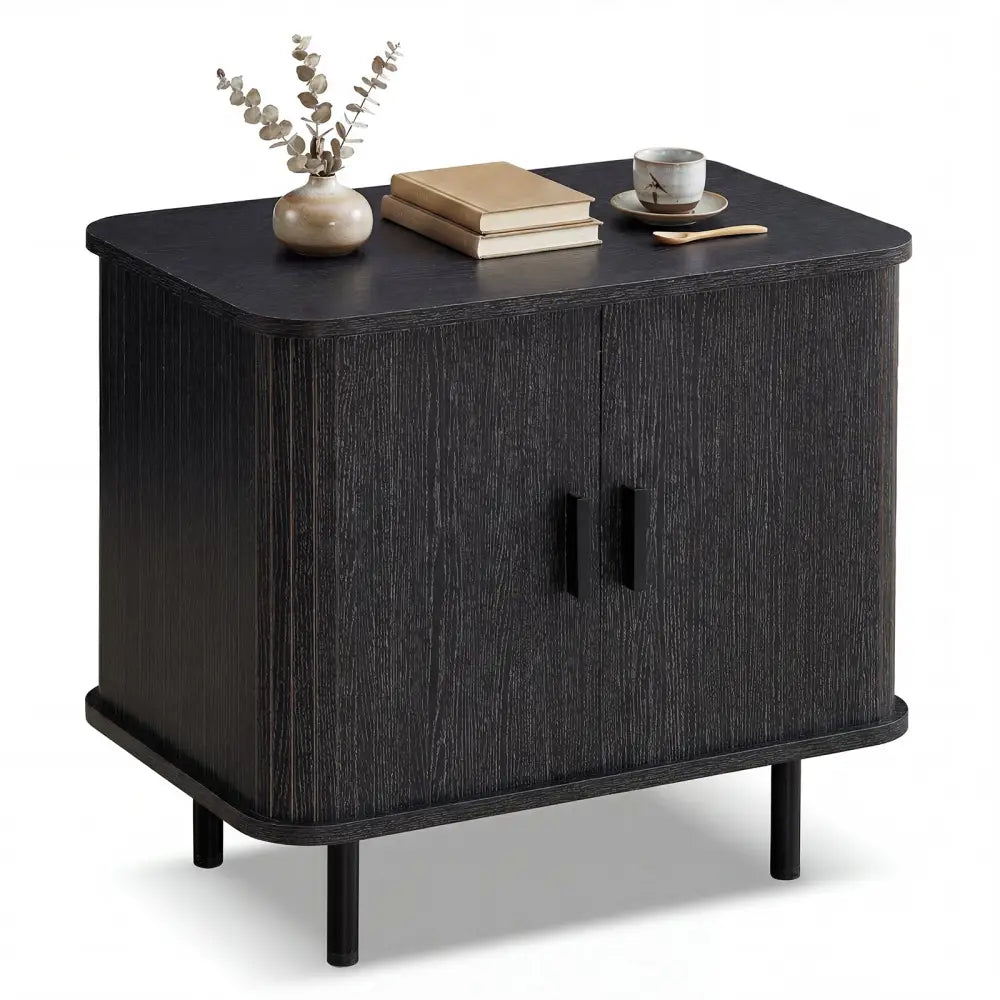 End Table Modern Mid Century Nightstand with Sliding Tambour Doors and Storage Shelf-Black - Black - Nightstands
