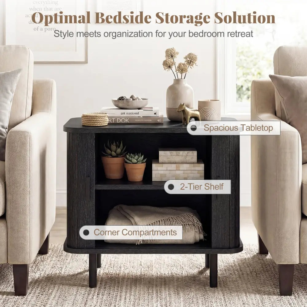End Table Modern Mid Century Nightstand with Sliding Tambour Doors and Storage Shelf-Black - Black - Nightstands