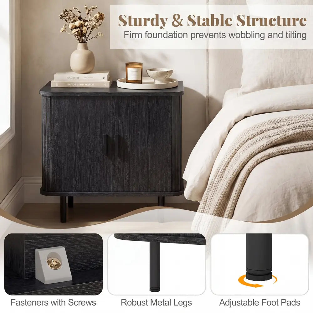 End Table Modern Mid Century Nightstand with Sliding Tambour Doors and Storage Shelf-Black - Black - Nightstands