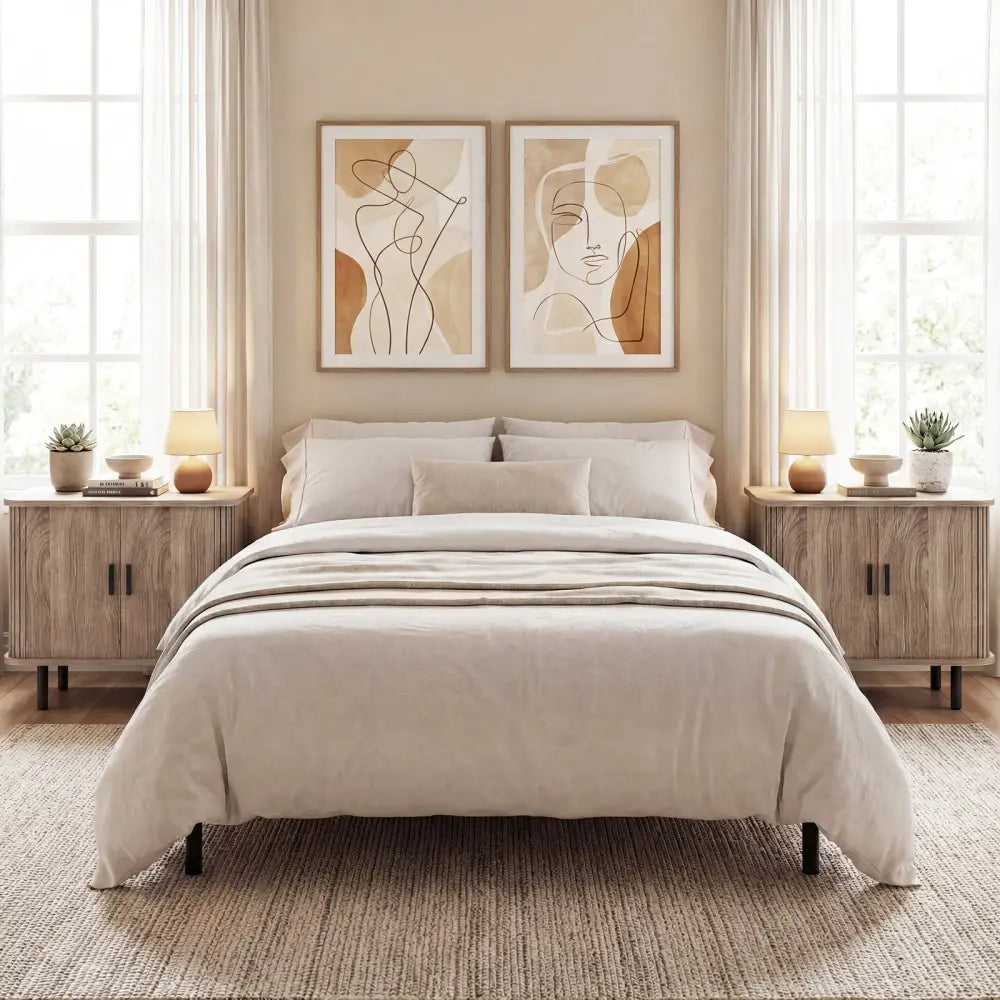 End Table Modern Mid Century Nightstand with Sliding Tambour Doors and Storage Shelf-Natural - Natural - Nightstands