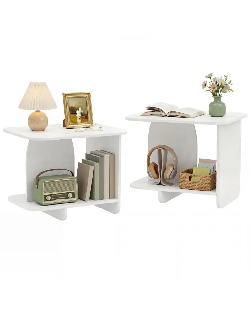 End Table Set of 2 2-Tier Sofa Side Tables with Storage Shelf-White - White - End & Side Tables