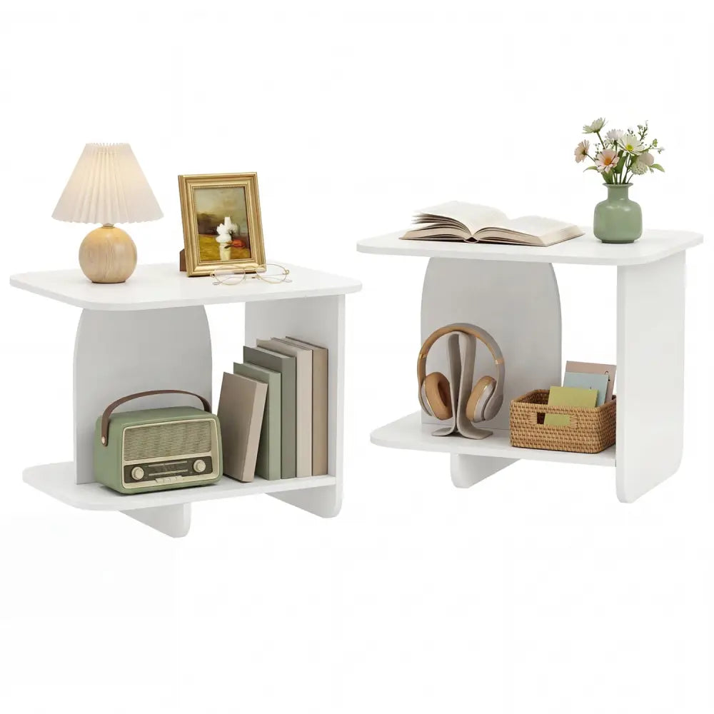 End Table Set of 2 2-Tier Sofa Side Tables with Storage Shelf-White - White - End & Side Tables