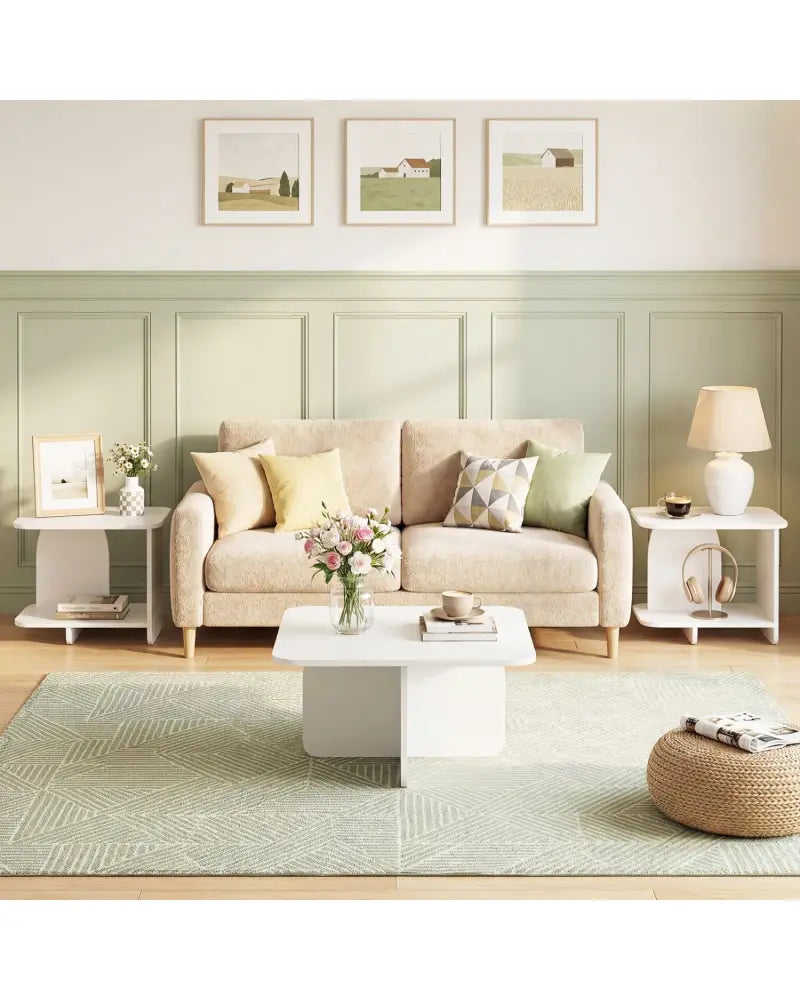 End Table Set of 2 2-Tier Sofa Side Tables with Storage Shelf-White - White - End & Side Tables