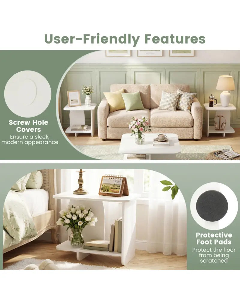 End Table Set of 2 2-Tier Sofa Side Tables with Storage Shelf-White - White - End & Side Tables