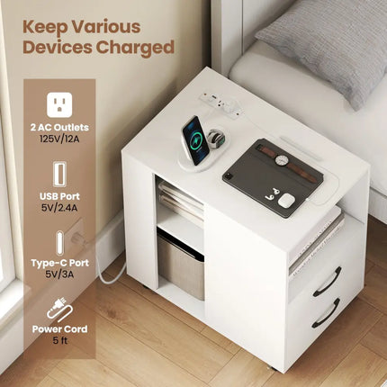 End Table with Built-in Charging Station Sofa Side Bedside Table on Wheels-White - White - End & Side Tables