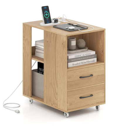 End Table with Built-in Charging Station Sofa Side Bedside Table on Wheels-Natural - Natural - End & Side Tables