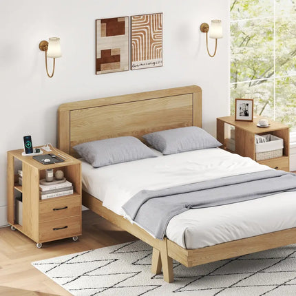 End Table with Built-in Charging Station Sofa Side Bedside Table on Wheels-Natural - Natural - End & Side Tables