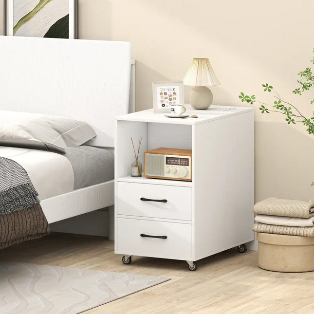 End Table with Built-in Charging Station Sofa Side Bedside Table on Wheels-White - White - End & Side Tables