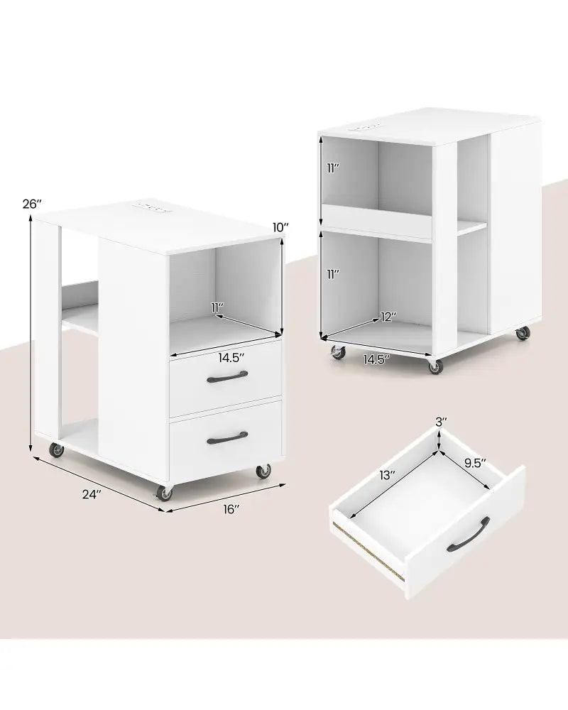 End Table with Built-in Charging Station Sofa Side Bedside Table on Wheels-White - White - End & Side Tables