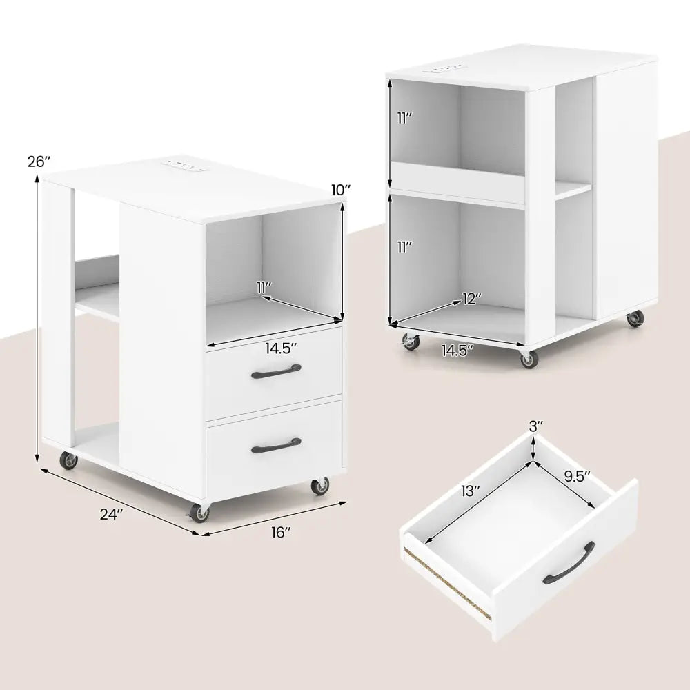 End Table with Built-in Charging Station Sofa Side Bedside Table on Wheels-White - White - End & Side Tables