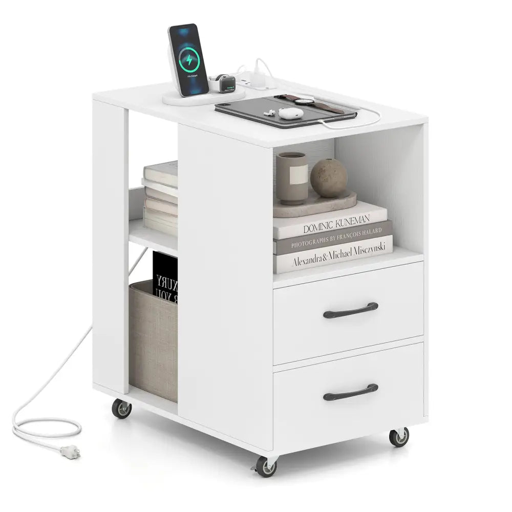 End Table with Built-in Charging Station Sofa Side Bedside Table on Wheels-White - White - End & Side Tables