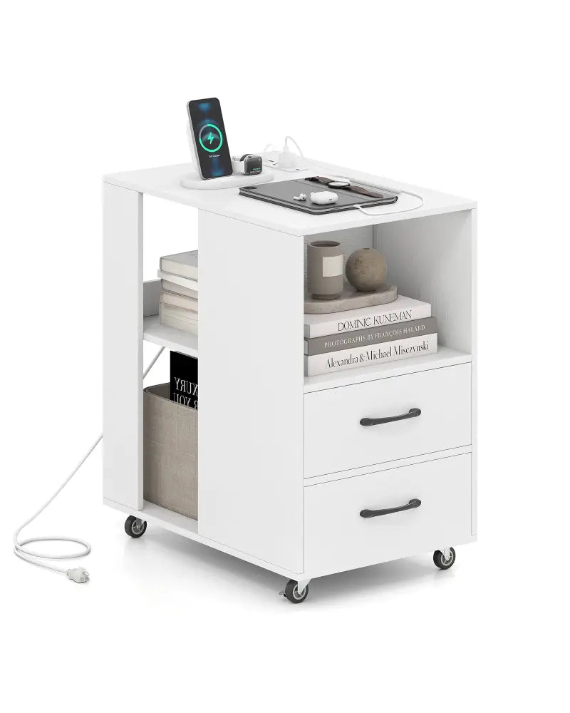 End Table with Built-in Charging Station Sofa Side Bedside Table on Wheels-White - White - End & Side Tables