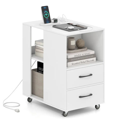 End Table with Built-in Charging Station Sofa Side Bedside Table on Wheels-White - White - End & Side Tables