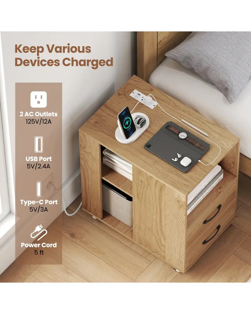 End Table with Built-in Charging Station Sofa Side Bedside Table on Wheels-Natural - Natural - End & Side Tables