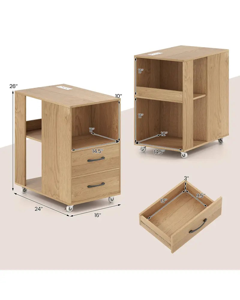 End Table with Built-in Charging Station Sofa Side Bedside Table on Wheels-Natural - Natural - End & Side Tables
