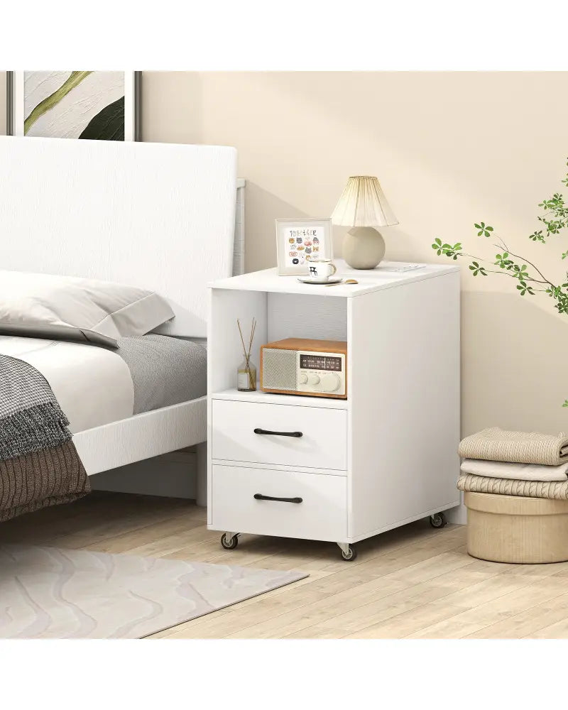 End Table with Built-in Charging Station Sofa Side Bedside Table on Wheels-White - White - End & Side Tables