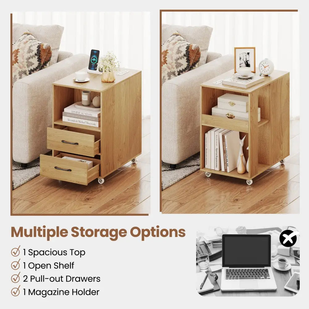 End Table with Built-in Charging Station Sofa Side Bedside Table on Wheels-Natural - Natural - End & Side Tables