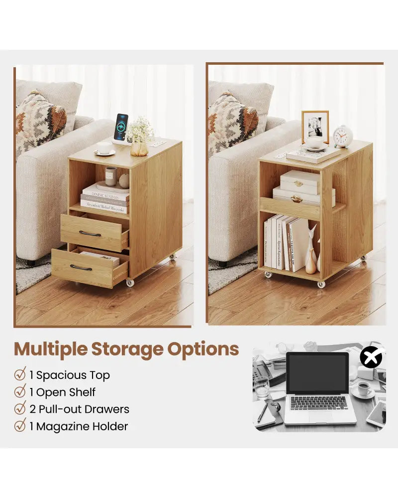 End Table with Built-in Charging Station Sofa Side Bedside Table on Wheels-Natural - Natural - End & Side Tables