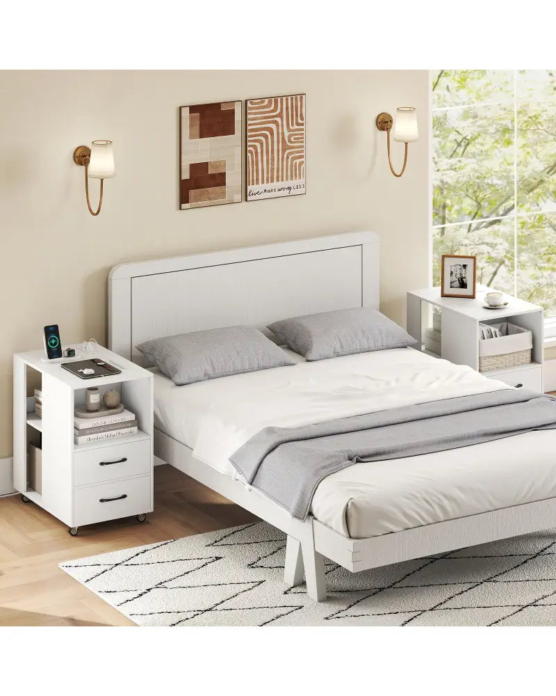 End Table with Built-in Charging Station Sofa Side Bedside Table on Wheels-White - White - End & Side Tables