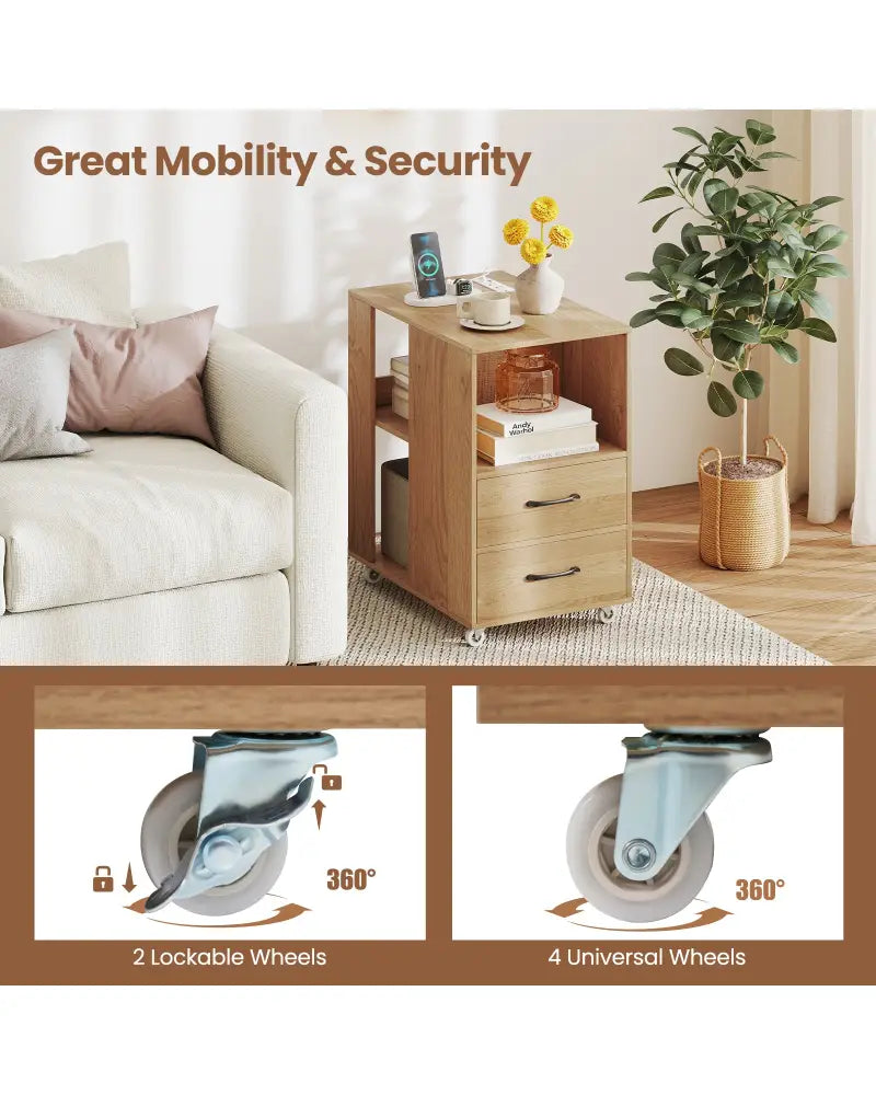 End Table with Built-in Charging Station Sofa Side Bedside Table on Wheels-Natural - Natural - End & Side Tables