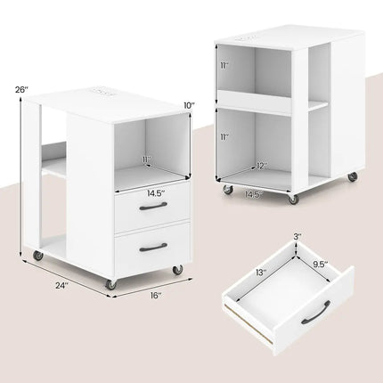 End Table with Built-in Charging Station Sofa Side Bedside Table on Wheels-White - White - End & Side Tables